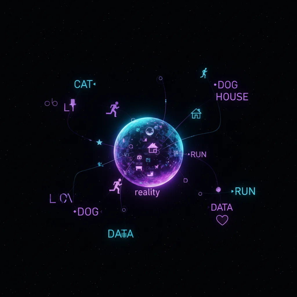 Abstract visualization of symbols connecting to reality, representing the grounding problem in AI language models